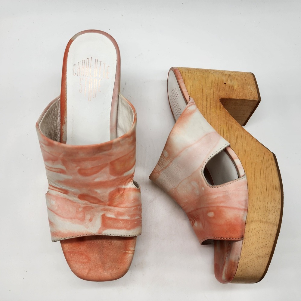 Charlotte Stone Nina Marbled Leather Platform Sandals Women's 9 Orange Wood Heel